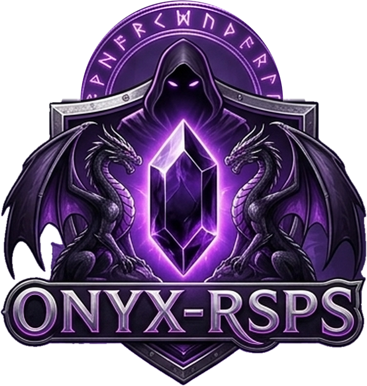 The ONYX crest: a hooded figure behind a purple crystal, flanked by two black dragons, above the ONYX-RSPS wordmark